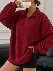 Livesso 女款純色半拉鍊長袖休閒寬鬆衛衣 - 酒紅色 - 查看 5