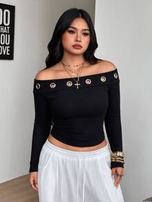 Coolane 女款大尺碼秋冬優雅正式基礎日常休閒彈性開肩長袖黑色上衣，飾有金屬孔眼，萬聖節穿搭 - 黑色 - 查看 5