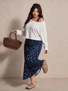 Elaquor Plus Size Solid Color Top & Ditsy Floral Dress 2 Pieces Set Elegant 2 Pieces Set For Women Fall/Winter Casual Daily Going Out 2 Pieces Set For Women - Navy Blue - View 1