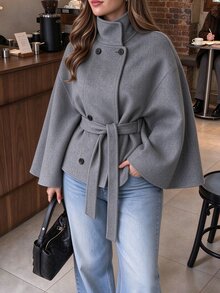 Easura Women's Plus Size Autumn/Winter Single Piece High Neck Double-Breasted Cape Sleeve With Belt Short Jacket, Old Money Style Commute Street Overcoat - Dark Grey - View 5
