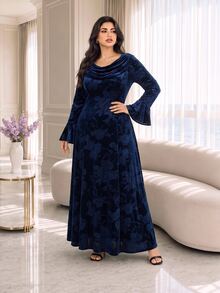 Modelyn Plus Size Women's Cowl Neck Floral Print Casual Party Dress - Navy Blue - View 5