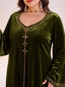 Al Najma Plus Size Women's Casual Party & Travel Arabian Dress - Army Green - View 7