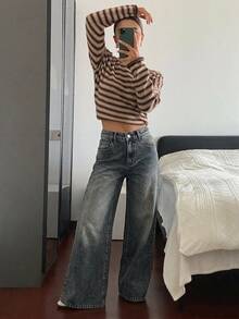 DAZY 女款星星口袋裝飾直筒牛仔褲，休閒街頭風 - 中等水洗藍 - 查看 4