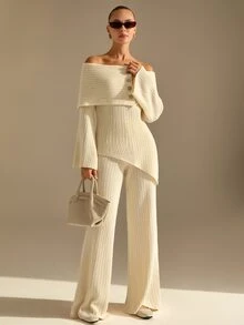 CLARA VERO Off Shoulder Palazzo Knit Set, Evening Or Dinner, Folded Neck, Flare Sleeve, Asymmetric Front - Cream - View 4