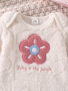 SHEIN 新生兒花卉圖案休閒日常長袖冬季連身衣 - 白色 - 查看 4