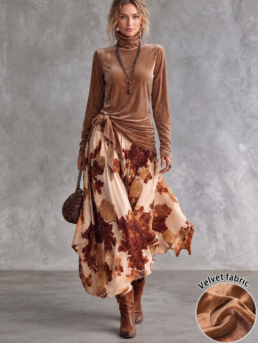 Trelyra Women's Autumn/Winter Velvet Long-Sleeve Turtleneck Top Paired With An Asymmetrical-Pattern Skirtsuitable For Both Halloween And Everyday Wear. - Multicolor - View 1