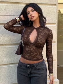 Aloruh Black Lace Hollow Out Design Long Sleeve Sexy Top For Women,Halloween,Clubbing - Brown - View 5