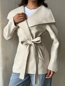 SHEIN Glamour معطف نسائي كاجوال بلون موحد وأكمام طويلة وياقة كبيرة للخريف/الشتاء - كاكي - مشاهدة 3