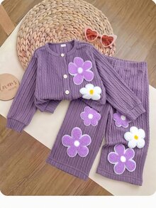 SHEIN Baby Girl 3D Floral Decor Long Sleeve Sweatshirt And Pants Casual Daily Outfit - Purple - View 4
