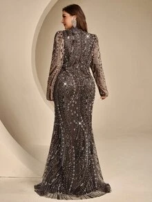 Coutiva Plus Size Beaded Heavy Embroidery Long Sleeve High Neck Maxi Formal Evening Gown (Heavy Work Style) - Brown - View 2
