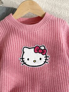 HELLO KITTY AND FRIENDS | SHEIN GraphicGems 女童圓領刺繡針織毛衣，純粉色，可愛甜美，休閒簡約百搭，舒適柔軟，適合日常穿著、戶外、上學、玩耍、野餐、旅行 - 粉色 - 查看 4