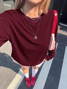 SHEIN EZwear 大尺碼女款純色圓領寬鬆長袖休閒T恤，春夏秋季 - 酒紅色 - 查看 5