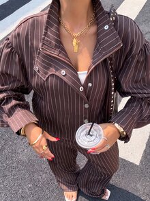 Muchica Plus Size Women's Striped Long Sleeve Top And Pants Casual Daily 2 Pieces Set - Brown - View 3