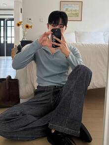 DAZY 男士白色羅紋布料長袖圓領半鈕扣素色T恤 秋季 - 天藍色 - 查看 3