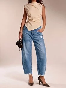 SHEIN Tall 女款街頭風鈕扣口袋水洗破洞牛仔褲 - 中等水洗藍 - 查看 3
