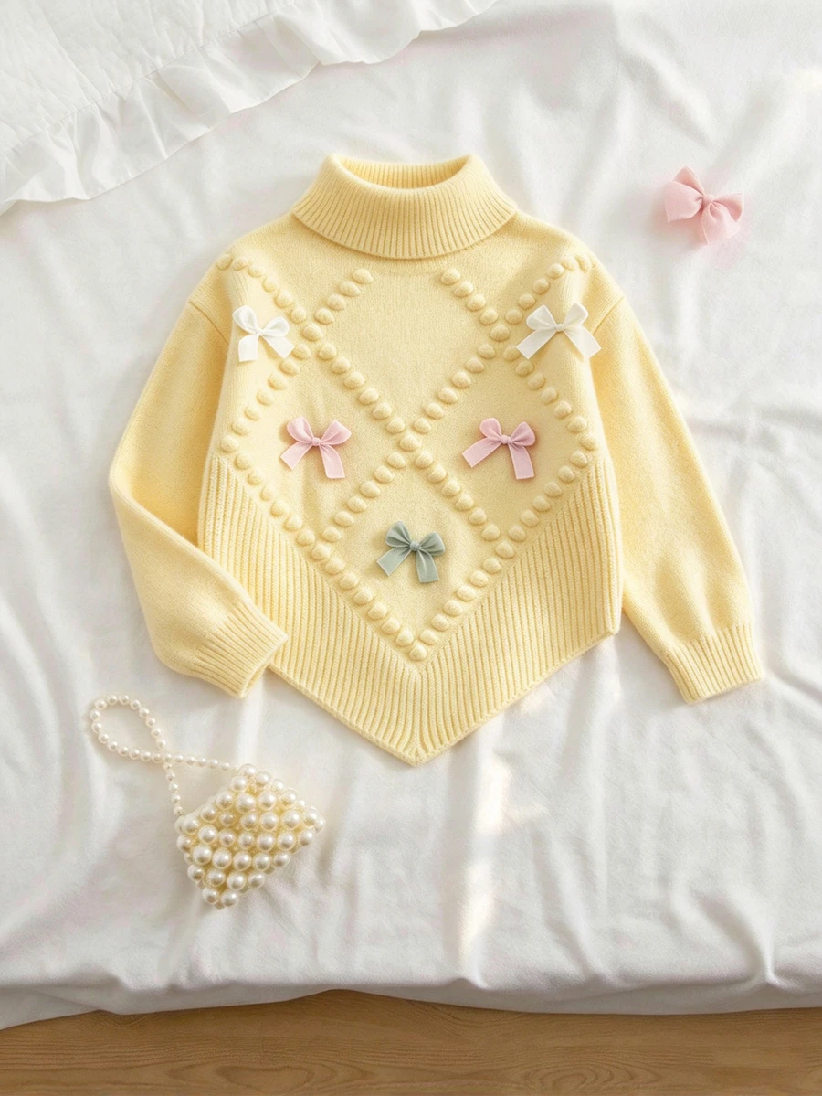 SHEIN Vintaside Kids 女童針織毛衣套裝,休閒時尚可愛嫩黃色,花朵與蝴蝶結裝飾,尖擺設計,高領,柔軟,日常穿搭,秋季 - 黃色 - 查看 1