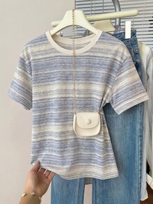 Muvela Casual Minimalist Round Neck Short Sleeve Loose Fit Women's T-Shirt - Multicolor - View 8