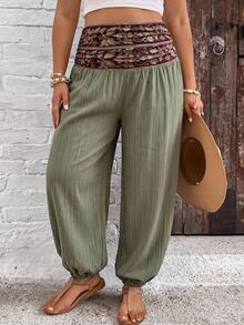 SHEIN VCAY Plus Size Women's Vacation Waist Patchwork Floral Print Jogger Pants - Army Green - View 1