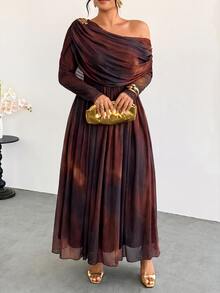 Firerie 大尺碼女款紮染不對稱肩褶皺長袖時尚優雅洋裝 秋冬優雅派對洋裝 - 彩色 - 查看 4