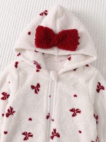 SHEIN Baby Girl Casual Comfortable Daily Versatile Fuzzy Bowknot Pattern Hooded Romper - White - View 4