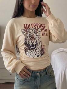 Tween Girl Teen Girls Tiger Print Pullover Tween Girl Sweatshirt, Waist Ruched Loose Casual Versatile School Back To School Autumn Winter New - Apricot - View 1