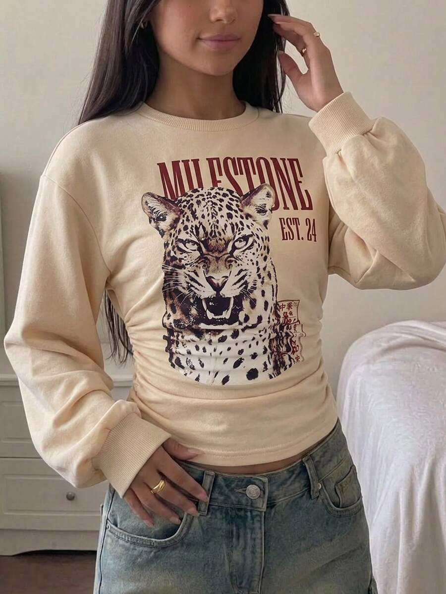 Tween Girl Teen Girls Tiger Print Pullover Tween Girl Sweatshirt, Waist Ruched Loose Casual Versatile School Back To School Autumn Winter New - Apricot - View 1