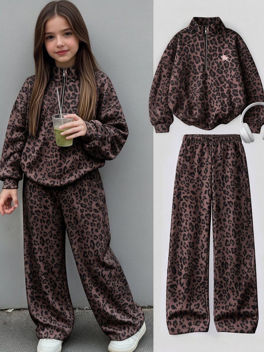 SHEIN Tween Girls 2-Piece Set, American Lazy High Street Cute Cool Girl Leopard Print, Stand Collar Half-Zip Sweatshirt, Flared Wide Leg Pants, Brown - Multicolor - View 1