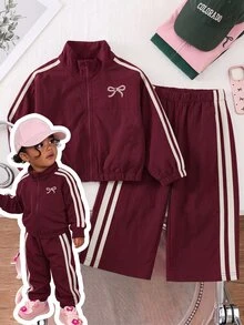 SHEIN 女童小女孩拼色條紋拉鍊外套配蝴蝶結、鬆緊腰長褲，復古套裝，日常穿著校園返校裝 - 酒紅色 - 查看 2