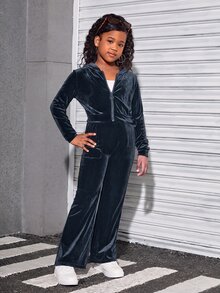 SHEIN 青少年女孩天鵝絨連帽開襟衫與長褲運動休閒套裝 - 藍色 - 查看 3