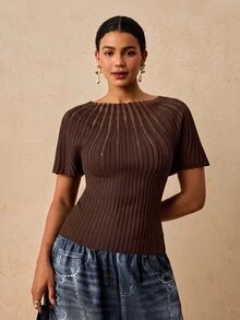 Travachic 大尺碼女款網格拼接針織上衣，休閒優雅百搭，適合日常、晚宴、晚餐、約會之夜，黑色，秋季 - 棕色 - 查看 5
