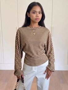 SHEIN 青少年女孩圓領條紋休閒寬鬆長袖T恤 - 卡其色 - 查看 3
