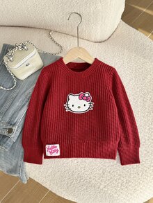 HELLO KITTY AND FRIENDS | SHEIN GraphicGems 女童圓領刺繡針織套頭毛衣，純粉色，可愛甜美休閒簡約百搭，舒適柔軟，適合日常穿著、戶外、上學、玩耍、野餐、旅行 - 紅色 - 查看 7