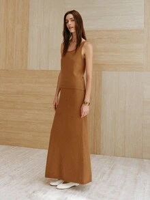MOTF PREMIUM WOMEN'S WOOL VEST & SKIRT 2 PIECES SET, AUTUMN/WINTER - Camel - View 5