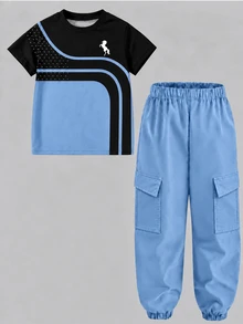 男孩 T-Shirt 套裝，胸前小馬圖案，拼色圓領短袖上衣，搭配純色工裝長褲，適合夏季室內外場合 - 黑色 - 查看 4