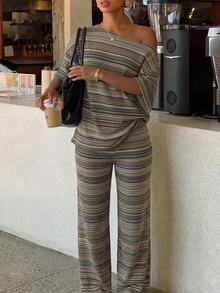 Siren Gaze 95%棉女款休閒露肩寬鬆T恤與長褲兩件套，長褲套裝，條紋套裝，女款休閒穿搭 - 彩色 - 查看 2
