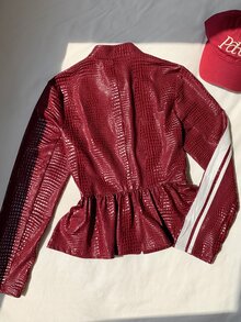 Comfortcana Women's Side Stripe Button Placket Ruffle Hem Regular Jacket - Red - View 2