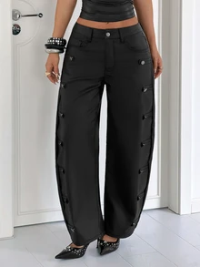 Jeanoix Women's Y2K Fashion Button Faux PU Coated Long Pants - Black - View 4