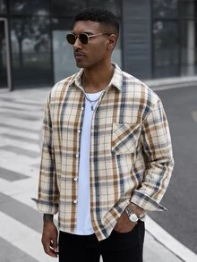 Manfinity CasualCool قميص جاكيت رجالي كاجوال بأزرار أمامية وجيب وأكمام طويلة بنقشة مربعات - متعدد الألوان - مشاهدة 5