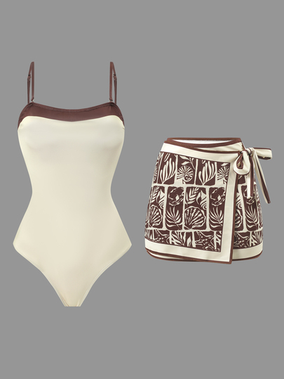 Swim Oasis Premium Placement Print One-Piece Bandeau Swimsuit With Side Tie-Up Mesh Maxi Skirt