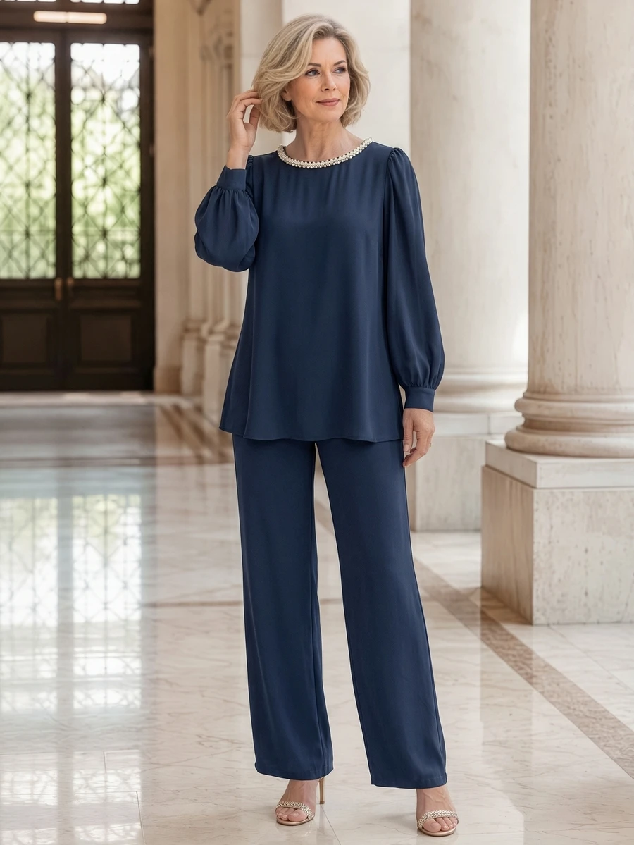 EMERY ROSE Middle-Aged Women Faux Pearl Decor Long Sleeve Top And Casual Pants Set - Blue - View 1
