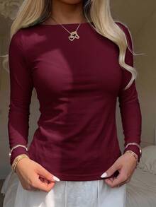 CovetEZ 休閒極簡風酒紅色 95% 棉女款方領長袖 T 恤，秋冬百搭內搭層 - 酒紅色 - 查看 6