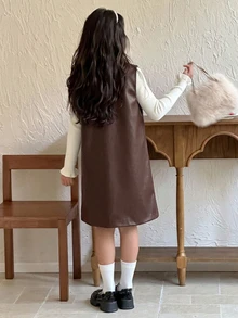 Dazy Kids Tween Girl Solid Color Casual Daily Wear Dress - Brown - View 2