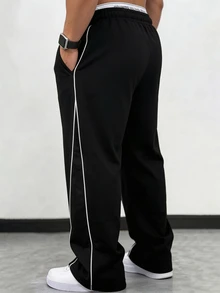 Manfinity Homme Men's Mature Casual Black Colorblock Sports Sweatpants, Plus Size, Perfect Holiday Gift Choice - Black - View 2