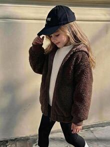 Young Girl Zipper Casual Versatile Winter Hooded Padded Coat - Brown - View 8