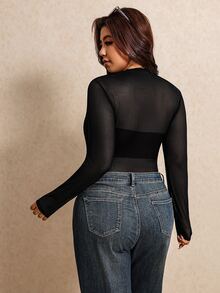 Elaquor Plus Size Solid Color Sexy Sheer Daily Wear Bodysuit - Black - View 2