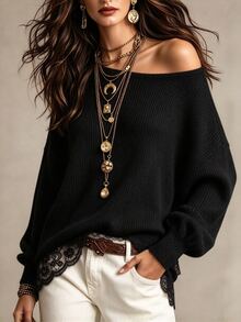 Balvessa Women's New Autumn/Winter Black Knitted Elastic Ribbed Contrast Lace Asymmetric Shoulder Long Sleeve Top - Black - View 5