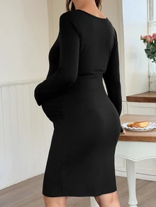 DAZY Solid Color Fitted Square Neck Short Dress, Elegant & Sexy, Vacation, Spring/Autumn, Maternity Dress - Black - View 2