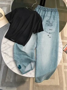 SHEIN 青少年女孩 T-shirt 套裝，夏季穿搭，六年級正式白色皇家藍街頭風 Y2K - 黑色 - 查看 2
