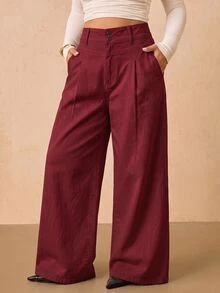 SHEIN Tall CURVE 大尺碼女款高腰口袋寬腿寬鬆休閒牛仔褲 - 紅色 - 查看 7