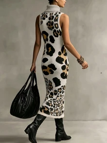 SHEIN Gaun Rajut Tanpa Lengan Leher Tinggi Motif Leopard Vintage - MultiWarna - View 4